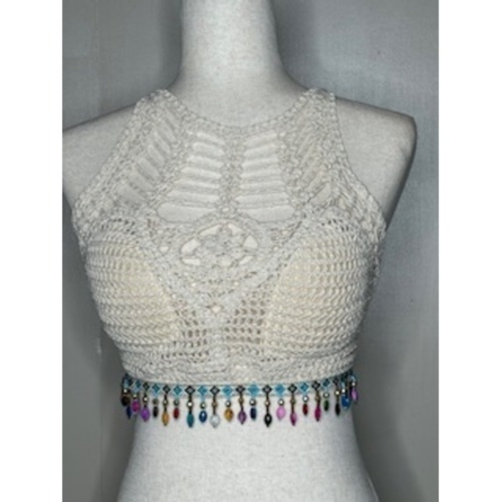 Boho Crochet Halter Crop Top Off White Beaded Fringe Festival Top Women OS